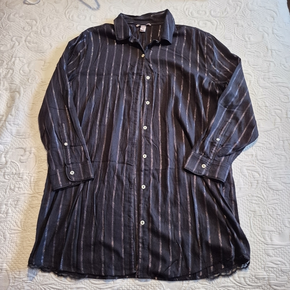 Victorias Secret black with shimmery stripes Night Gown Pajama lace accent XL